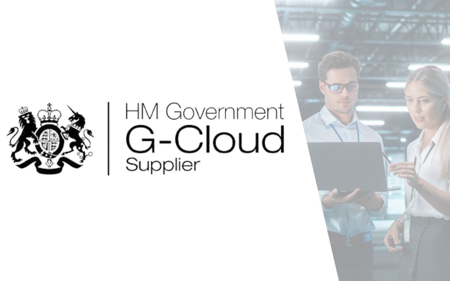 G-Cloud 14 framework logo with an image of a man and a woman looking at a laptop in a data centre