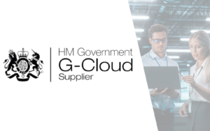 G-Cloud 14 framework logo with an image of a man and a woman looking at a laptop in a data centre